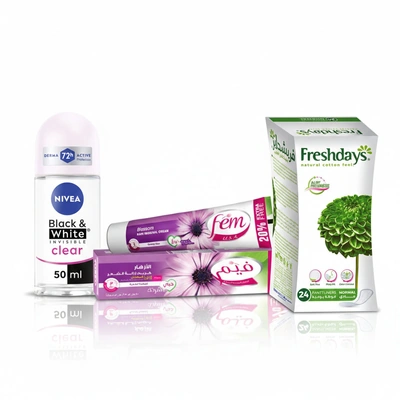 فريشدايز فوطة يومية ملائمة مثالية - 24 فوطة مع فيم كريم مزيل شعر للبشره العادية - 90 جرام و مزيل عرق نيڤيا بلاك أند وايت رول أون للنساء - شفاف - 50 مل