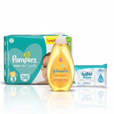 بامبرز حفاضات جامبو وسط - مقاس 3 - 58 حفاضة و شامبو جونسون للأطفال - 750 مل مع وايت مناديل مبللة للماء - 50 منديل