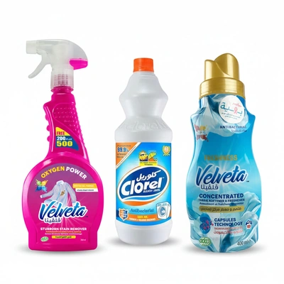 فلفيتا مزيل بقع قبل الغسيل بقوة الاكسجين رشاش - 700 مل مع منعم ملابس مركز عطر فريش - 400 مل و كلوريل مبيض ملابس - 1050 مللي