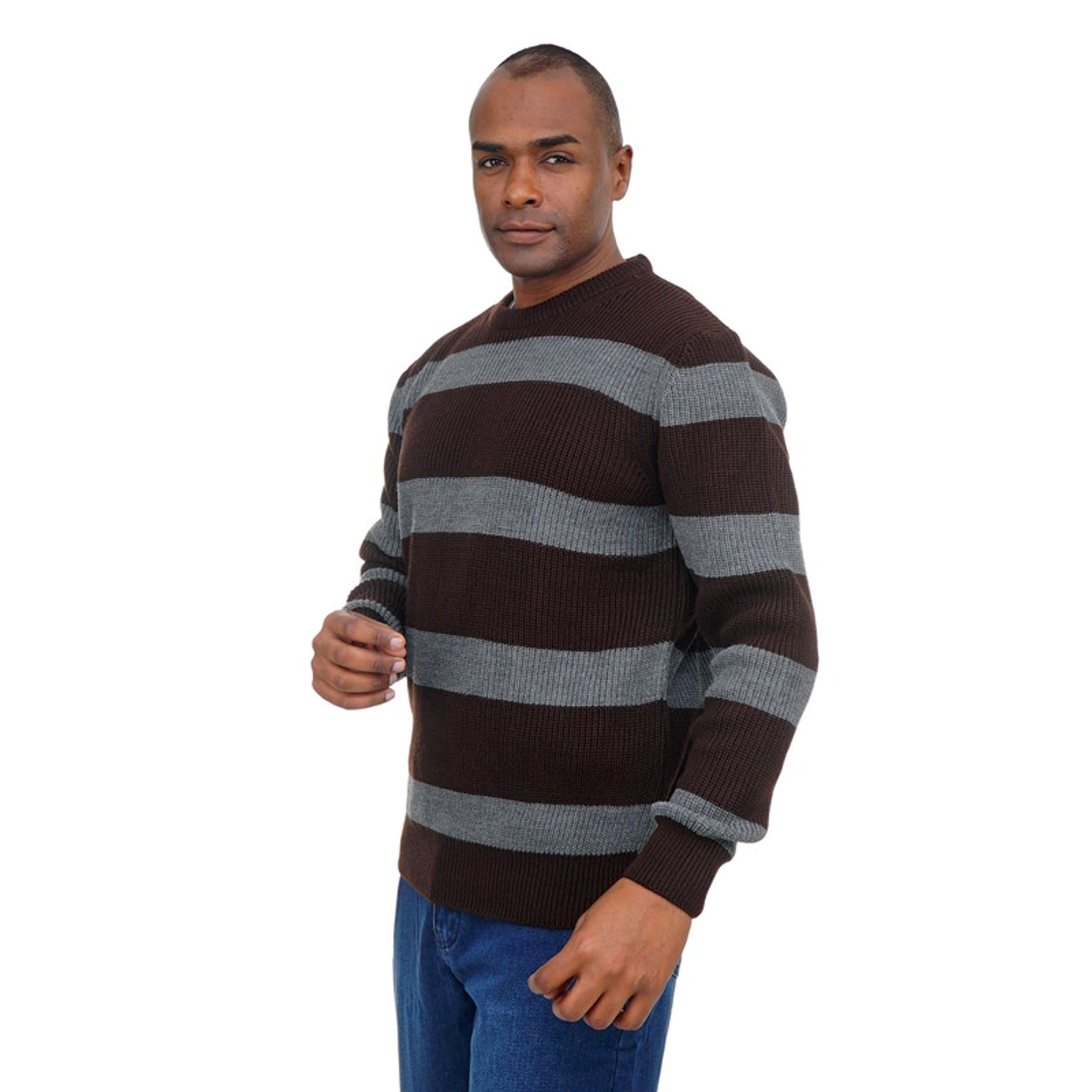 بلوفر صوف مخطط رقبة دائرية رجالي - 108020026