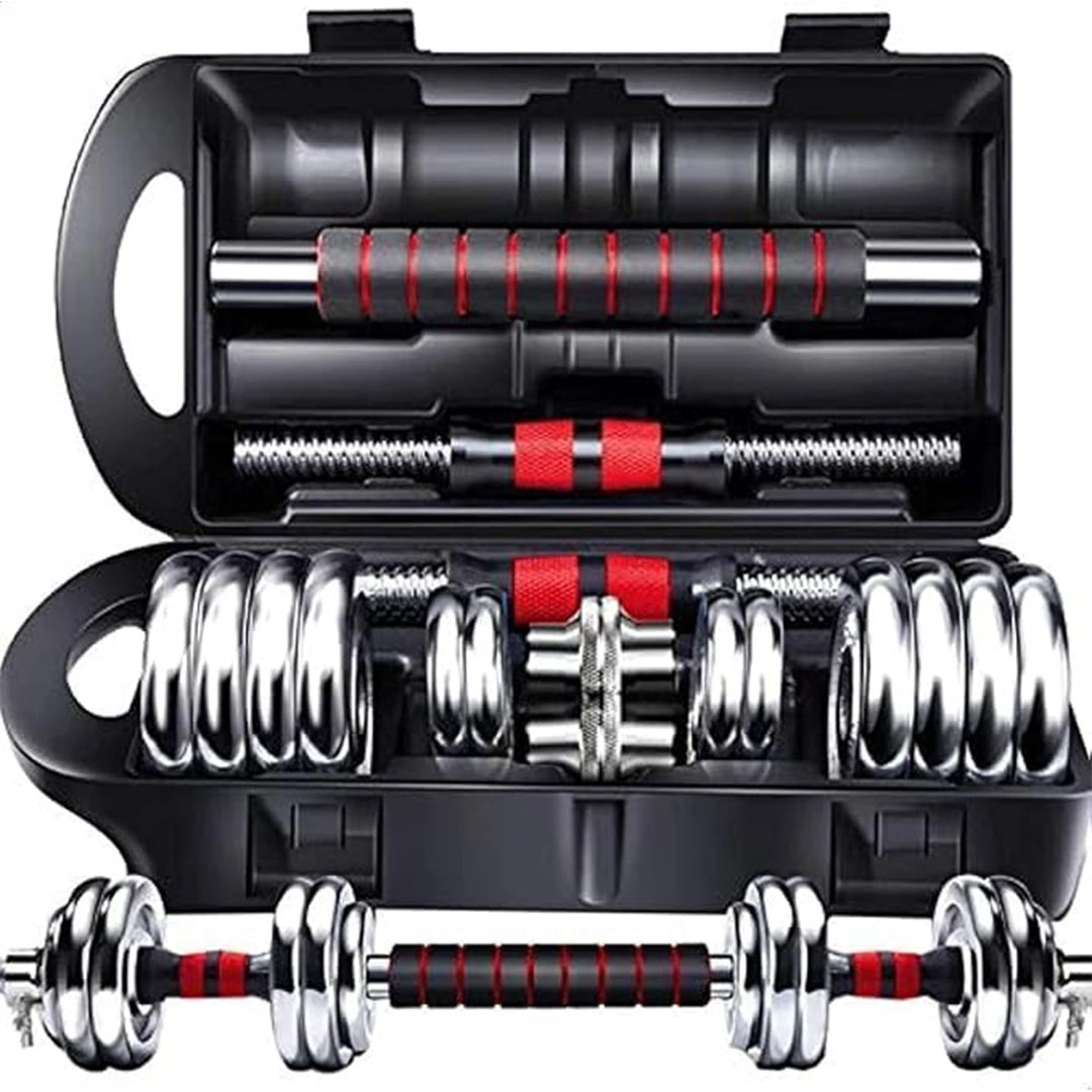 مجموعة دمبلز وبار 2 في 1 - 15 كجم - فضي/أحمر