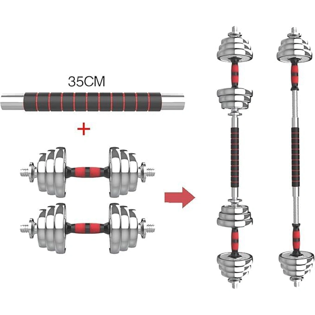 مجموعة دمبلز وبار 2 في 1 - 15 كجم - فضي/أحمر