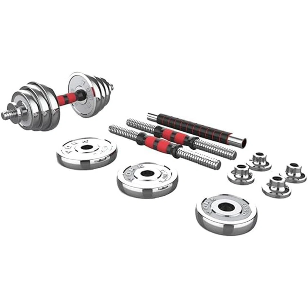 مجموعة دمبلز وبار 2 في 1 - 15 كجم - فضي/أحمر