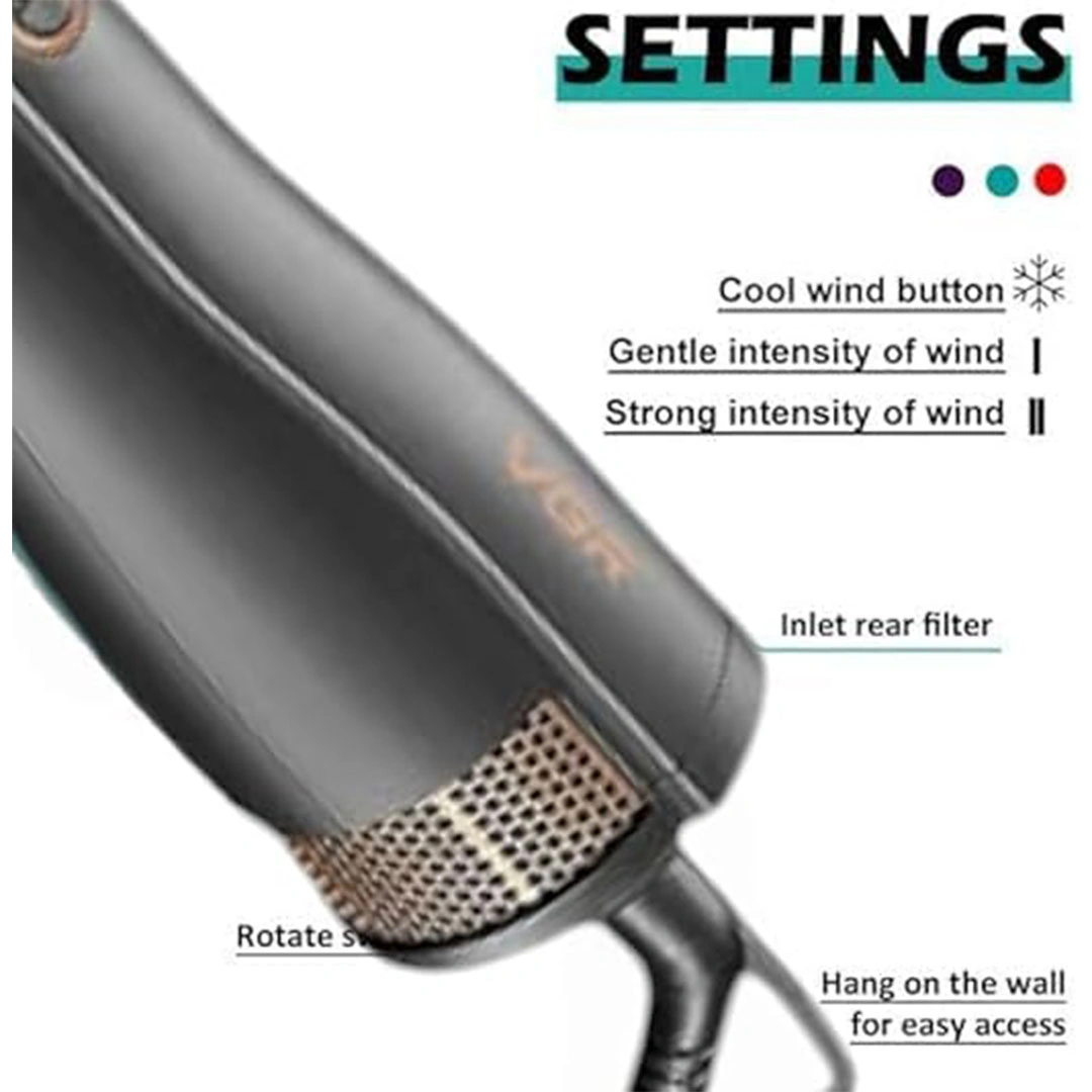 مجفف الشعر بثلاث إعدادات للحرارة - اسود - VGR-491