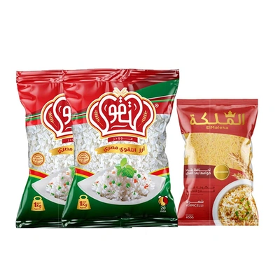 2 التقوي أرز مصري فاخر عريض الحبة - 1 كجم مع الملكه مكرونه شعريه - 400 جرام