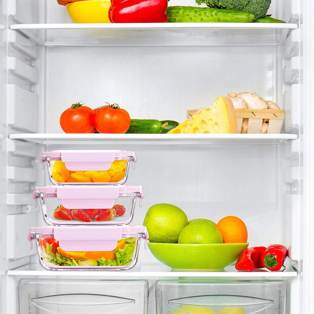 علب زجاج لتخزين الطعام مع أغطية- 450 مل/720 مل/1.90 لتر - وردي - 3 قطع