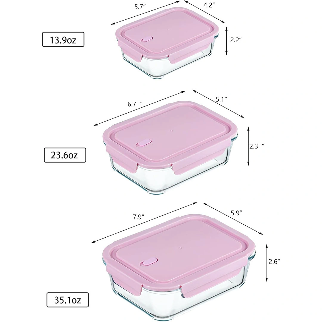 علب زجاج لتخزين الطعام مع أغطية- 450 مل/720 مل/1.90 لتر - وردي - 3 قطع