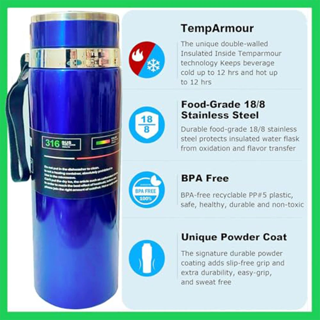 زجاجة مياه استانلس ستيل عازلة - 1 لتر - أزرق