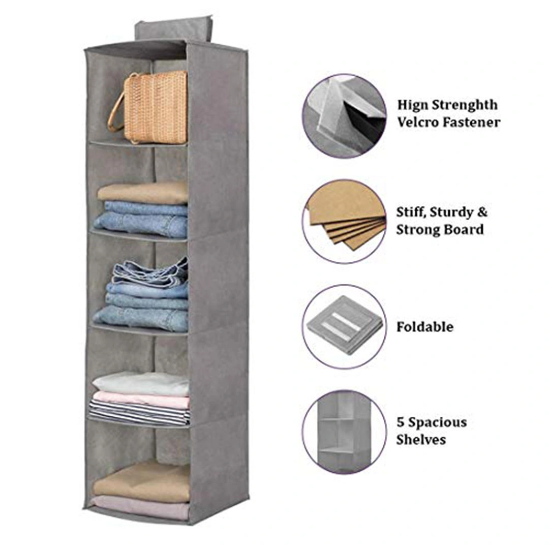 منظم خزانة ملابس - 5 ارفف - رمادي