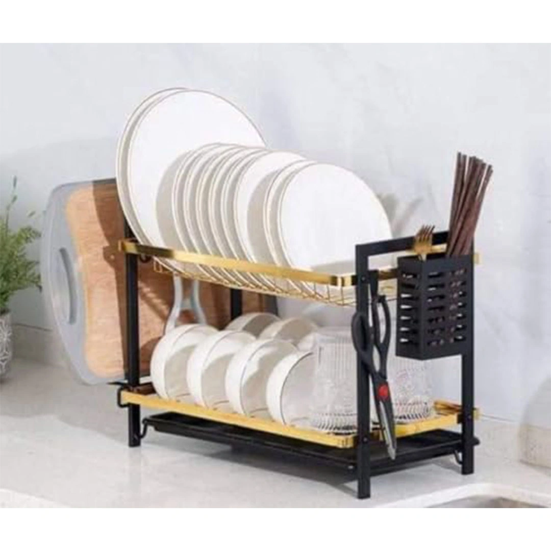 مطبقية أطباق استانلس دورين مع حامل معالق - ذهبي وأسود