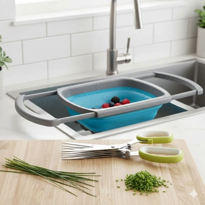 مقص خضروات للمطبخ مع مصفاة مطبخ قابلة للطي