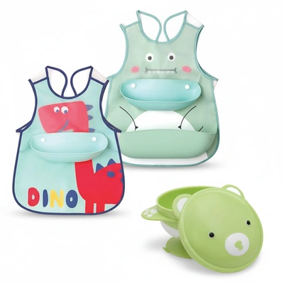 طبق للأطفال تصميم دب - 350 مل مع بافتة بيبي بلاستيك بجيب