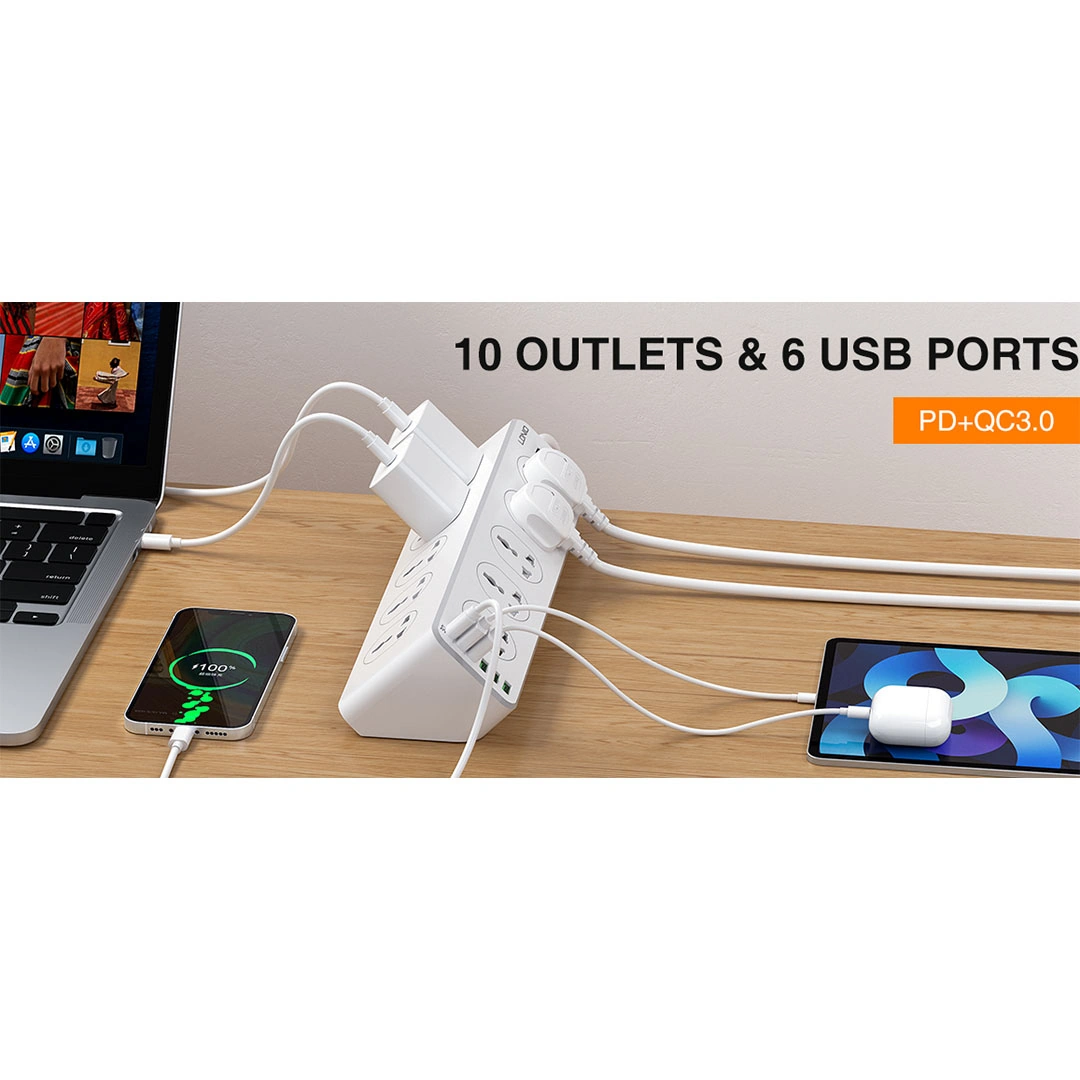 Ldnio مشترك كهربائي مع 10 مخارج و 6 منافذ USB بقوة 30 وات - أبيض