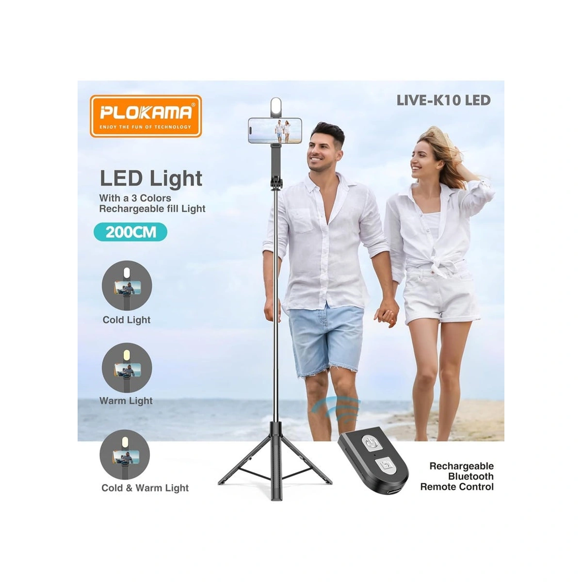 PLOKAMA K10 LED Selfie Stick - 3-in-1 Live Broadcast Stand