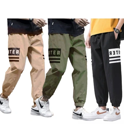 بنطلون كاجوال رجالي مطبوع - 3 قطعة - أسود/زيتي/بيج