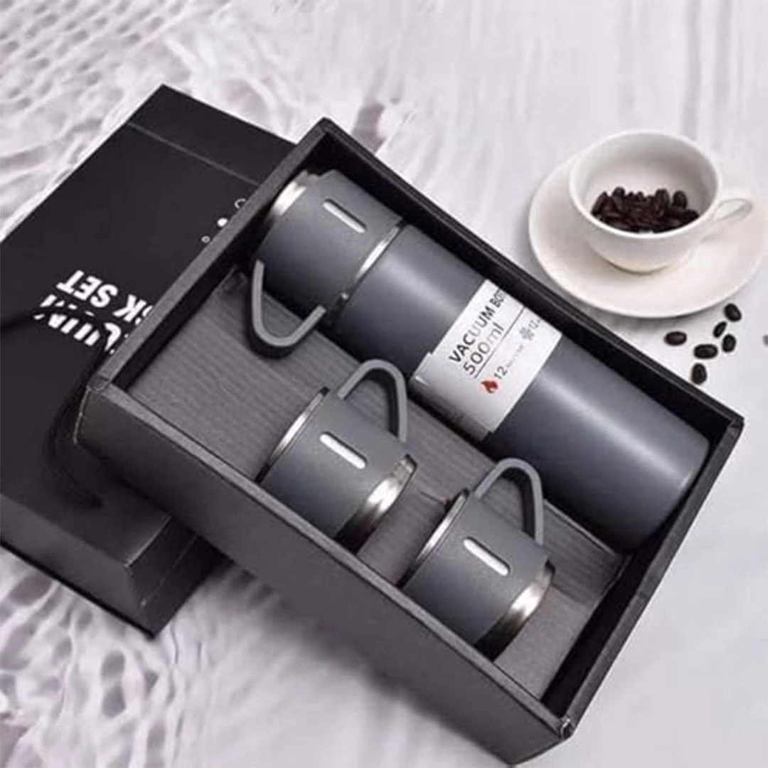 طقم ثيرموس مع 3 أكواب استانلس ستيل للمشروبات الباردة و الساخنة - 500 مل - رمادي