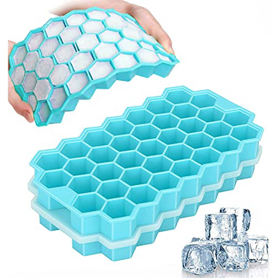 قالب مكعبات ثلج سيليكون بغطاء - 74 قطعة مكعبات ثلج صغيرة سهلة الفك - 2 قطعة