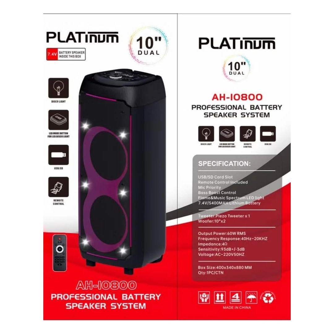 سبيكر بلوتوث محمول AH-10800 - 100 واط RMS - سماعتين 10 بوصة من بلاتينوم