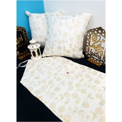 طقم رانر وكفرات كوشن بتطريز ليزر مذهب