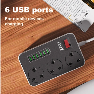 مشترك LDNIO كهربائي - 3 فيشة ثلاثية - 6 مخارج USB - 2 متر