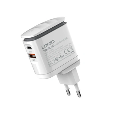 PD QC3.0 شاحن بمصباح ليلي مع Lightining / USB-C كابل - 25 وات - أبيض