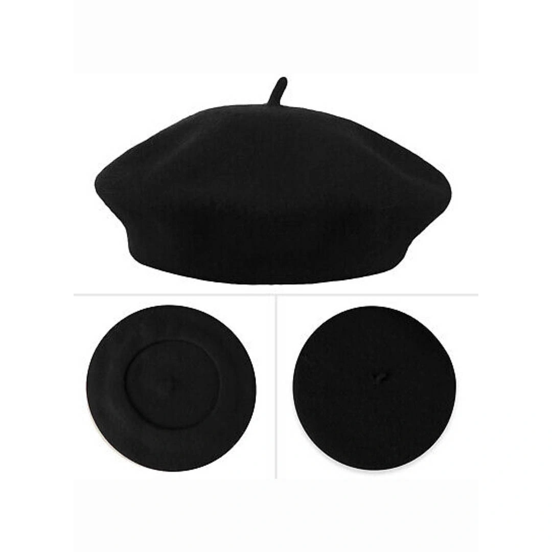 طاقيه بيريه كلاسيكية صوف حريمي - أسود