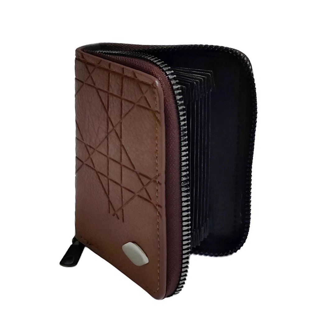 حافظة كروت جلد بتصميم مدمج - جلد - بني