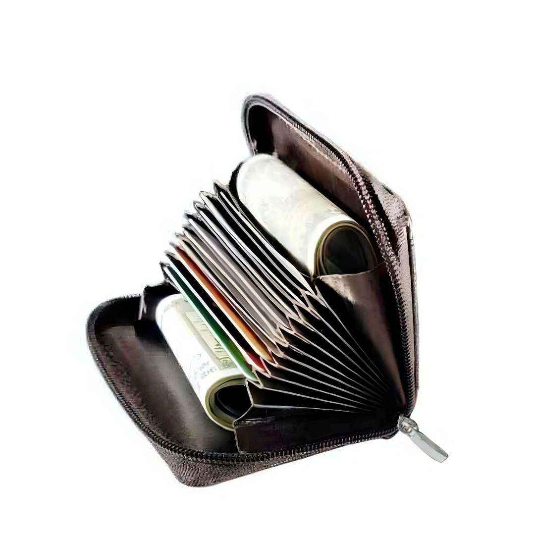 محفظة كروت جلد مدمجة سهلة الحمل - جلد - بني غامق