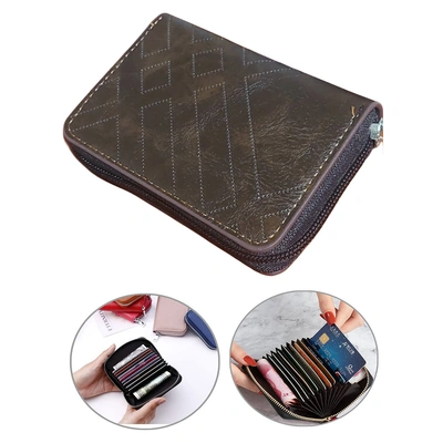 محفظة جلدية للحفاظ على كروت والبطاقات بسوستة للغلق - بني