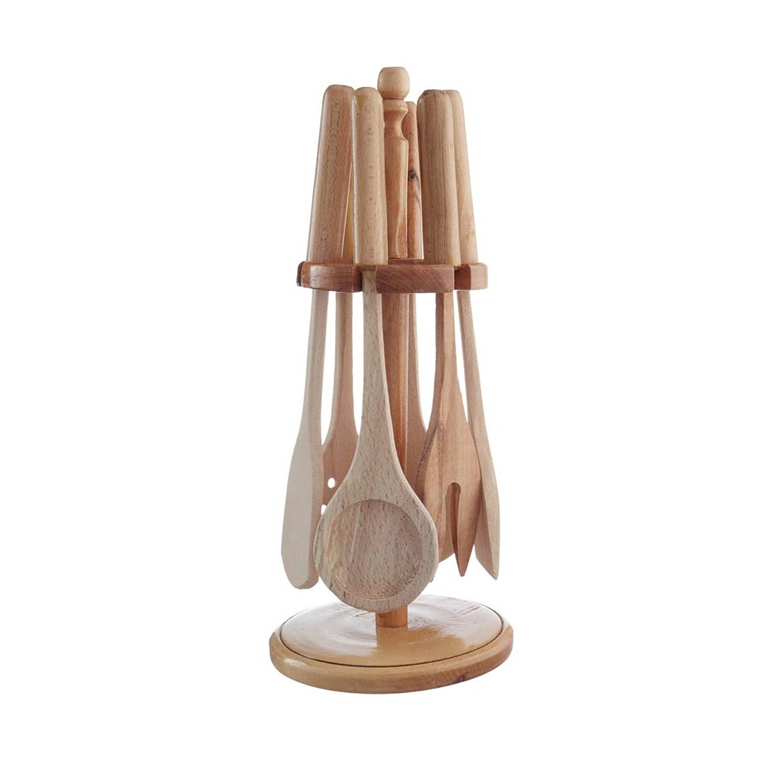 طقم معالق خشبي مع حامل - 6 قطع