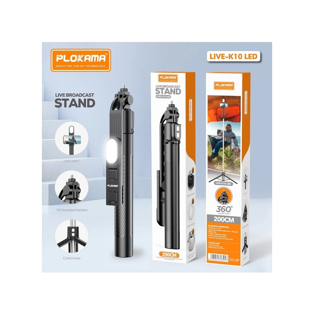 PLOKAMA K10 LED Selfie Stick - 3-in-1 Live Broadcast Stand