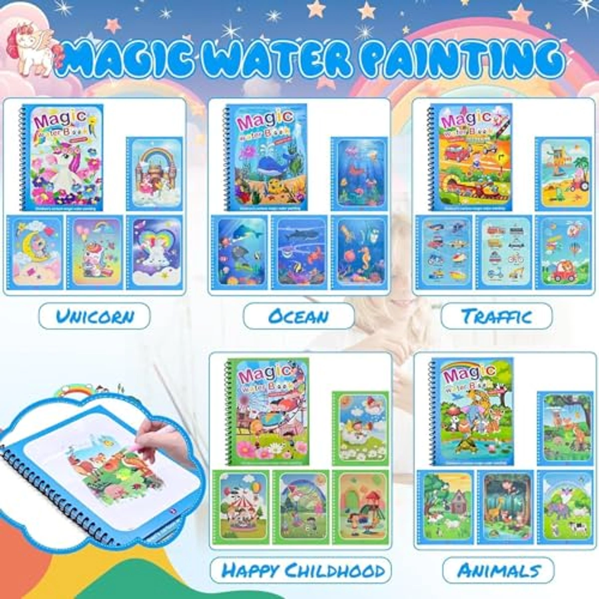 كتاب تلوين مائي سحري قابل لإعادة الاستخدام - 5 كتب