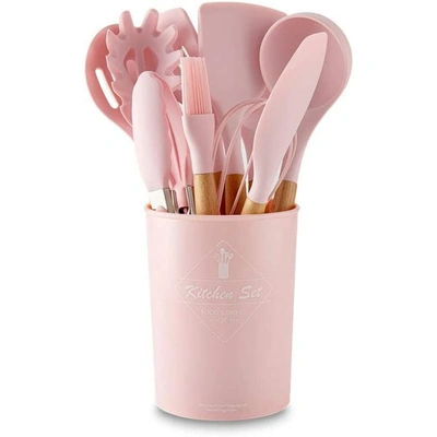 طقم توزيع سيليكون بيد خشب 11 قطعه وحامل بلاستيك - بينك