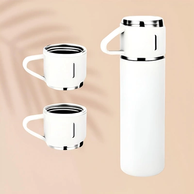 ترمس حراري مزدوج الجدار من الفولاذ مع كوبين - أبيض