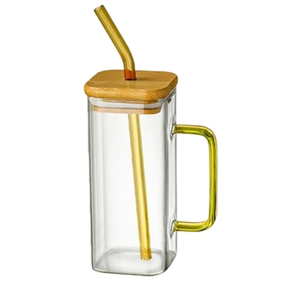 مج زجاجي مربع مع شفاطة زجاجية - 400 مل