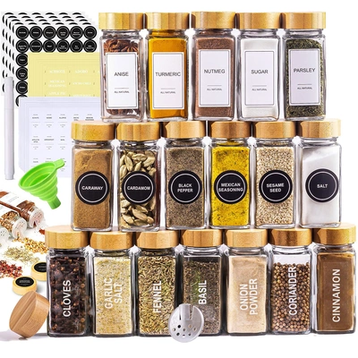 برطمانات توابل زجاج وغطاء خشبي - 12 قطعة