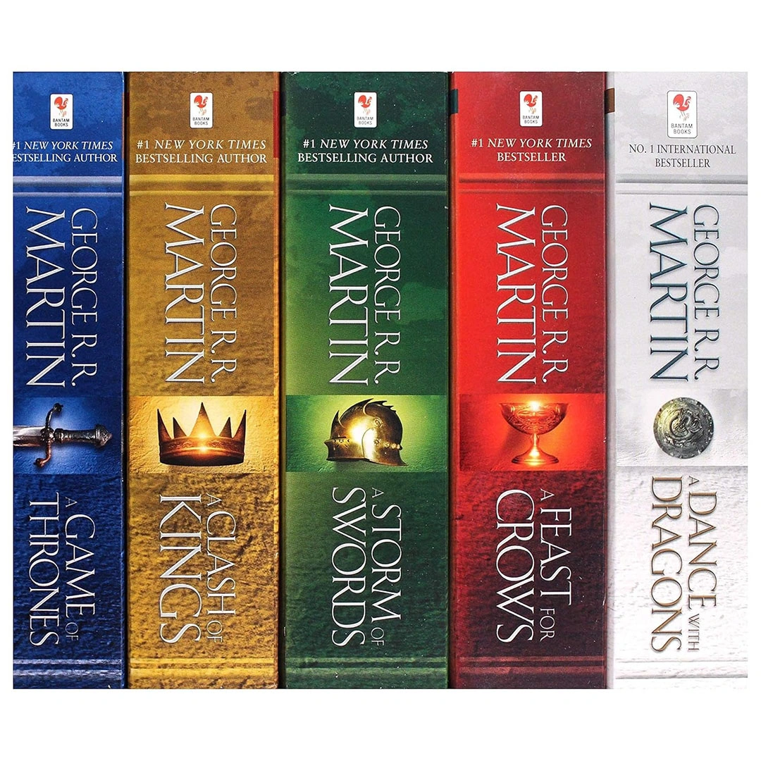 كتب أغنية الجليد والنار,صراع العروش,صدام الملوك,عاصفة السيوف,وليمة الغربان ,الرقص مع التنانين