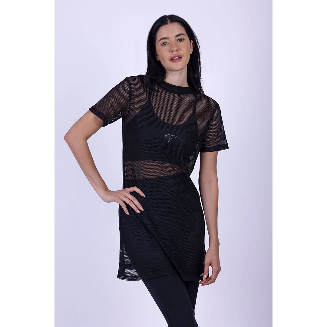 تيشيرت نص كم طويل شبكي شفاف - أسود