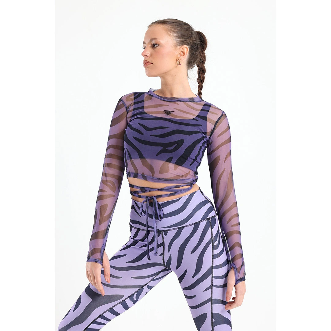 تيشيرت كم طويل شبكي شفاف منقوش - موف