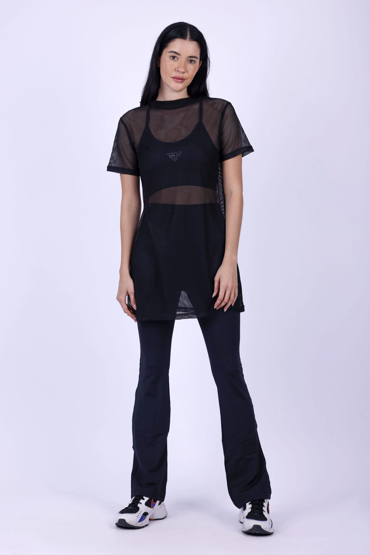 تيشيرت نص كم طويل شبكي شفاف - أسود