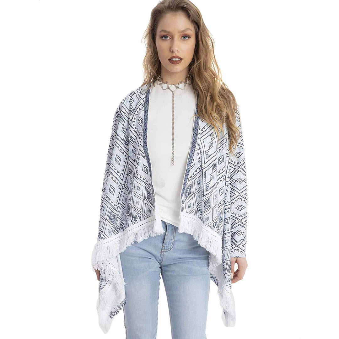 كارديجان مفتوح بكم طويل - أبيض/أزرق