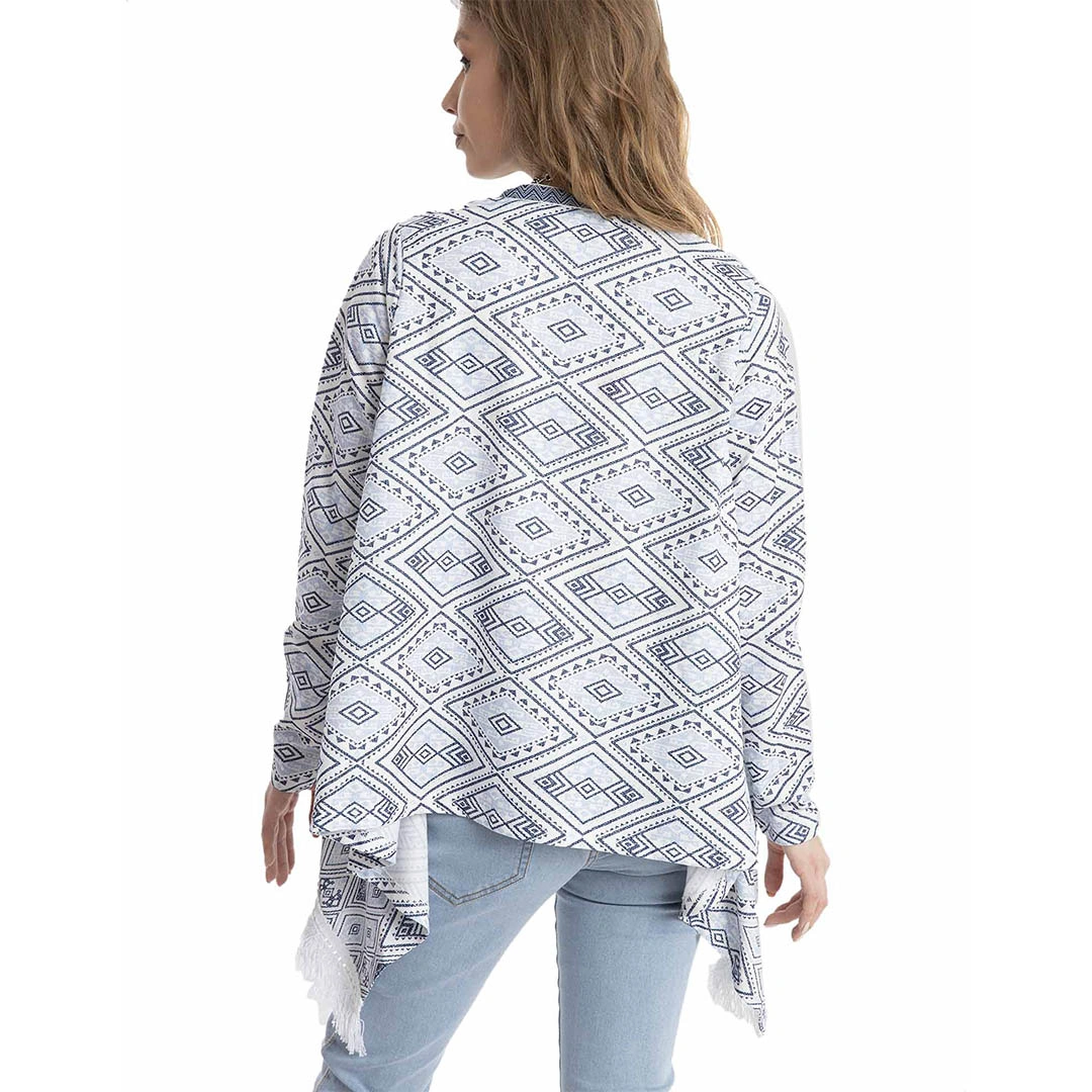 كارديجان مفتوح بكم طويل - أبيض/أزرق