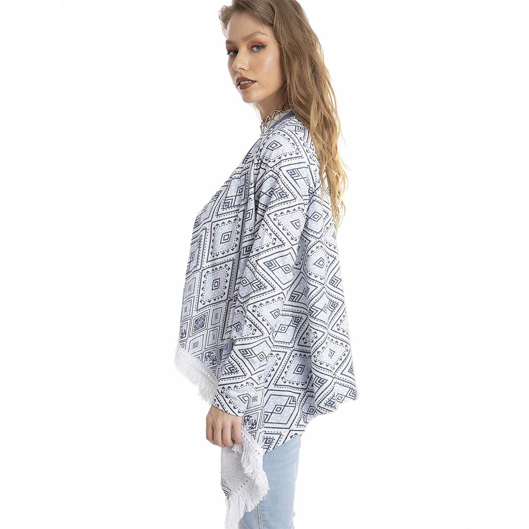 كارديجان مفتوح بكم طويل - أبيض/أزرق