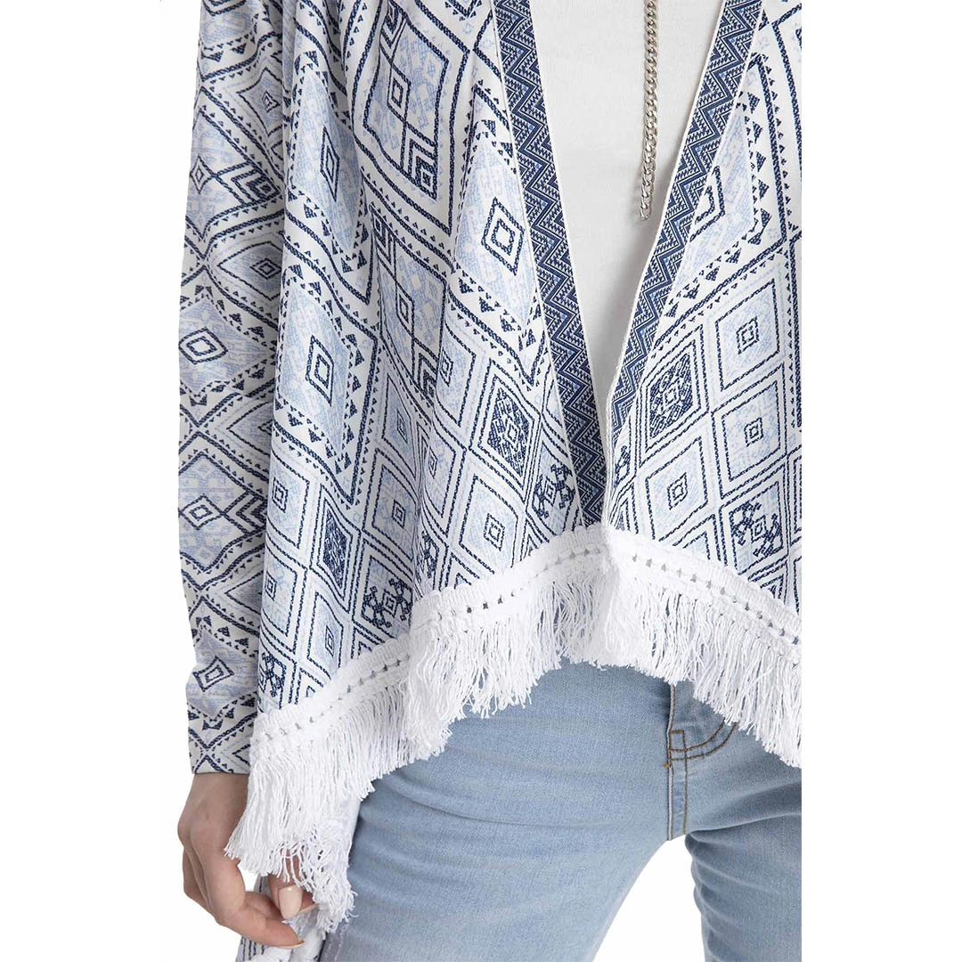 كارديجان مفتوح بكم طويل - أبيض/أزرق