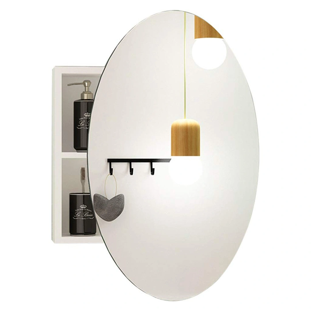 رف تخزين بمرآة دائرية للحمام - 40×40 سم - أبيض