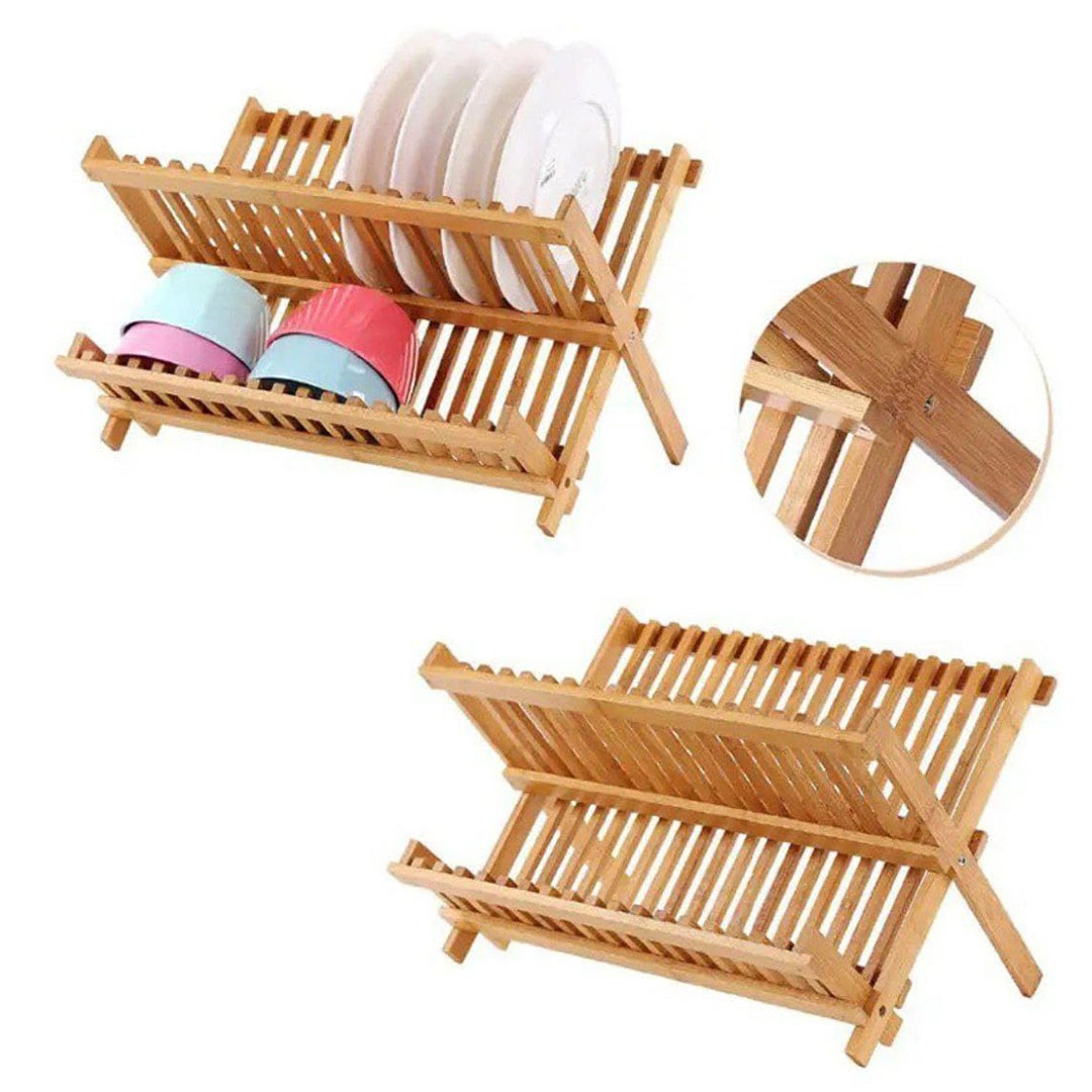 رف تخزين لتجفيف الأطباق قابل للطي - خشب - بيج