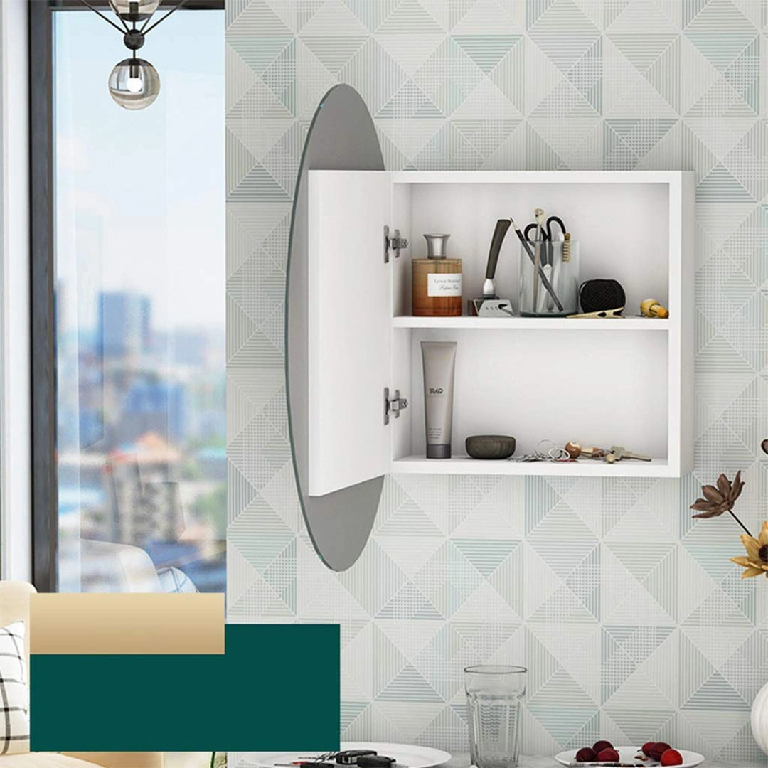 رف تخزين بمرآة دائرية للحمام - 40×40 سم - أبيض