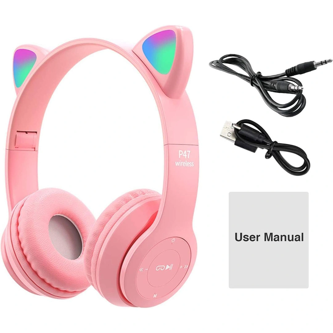 سماعة لاسلكية رأس بلوتوث P47M (CAT) - أذني قط و LED - وردي