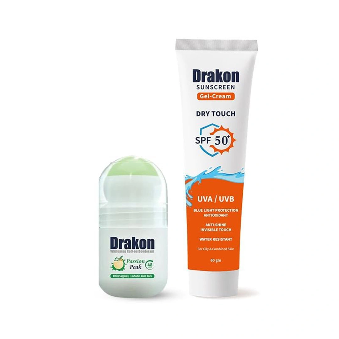 رول أون ديو دراكون برائحة باشن بيك + كريم جل واقي من الشمسSPF50+ حماية من UVA/UVB لكافة أنواع البشرة - (1+1) - 50 مل + 60 ج