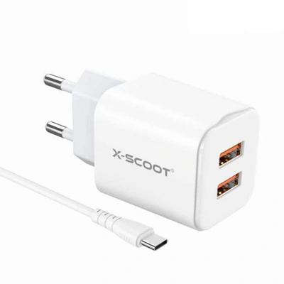 شاحن حائط X-Scoot بمنفذين USB وType-C - 2.4 أمبير - أبيض